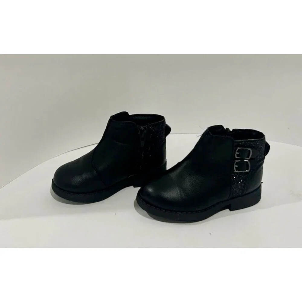 OshKosh B’gosh Toddler Girls Black Ankle Boots Size 6 Glitter Buckle Zip